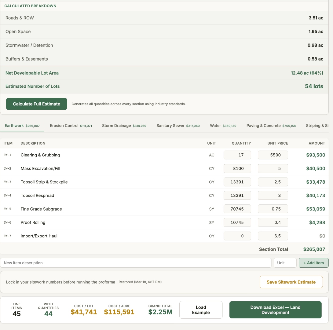 45-line-item bid estimate showing earthwork, erosion control, storm drainage, and utility categories with editable quantities and pricing