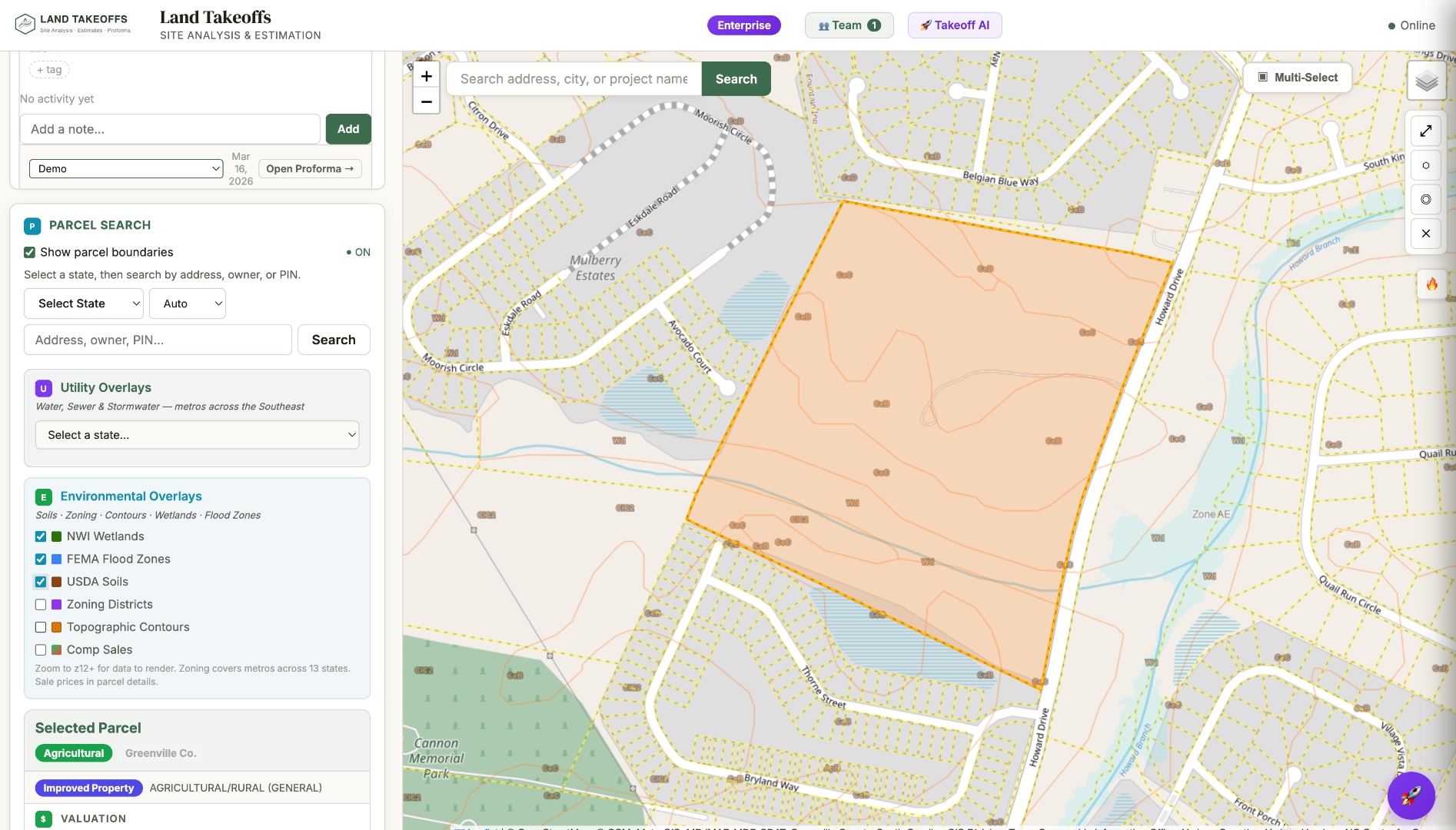 GIS map with utility overlays, FEMA flood zones, NWI wetlands, USDA soils, and environmental layers toggled on